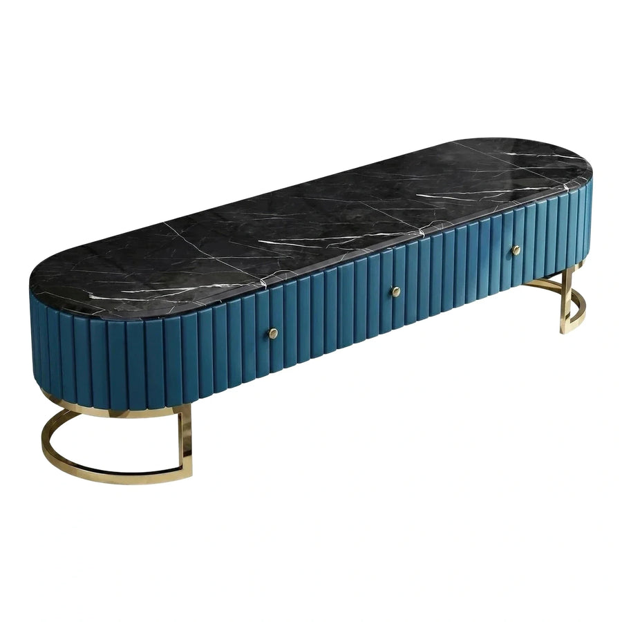 Blue Fluted Media Console with Black Marble Top