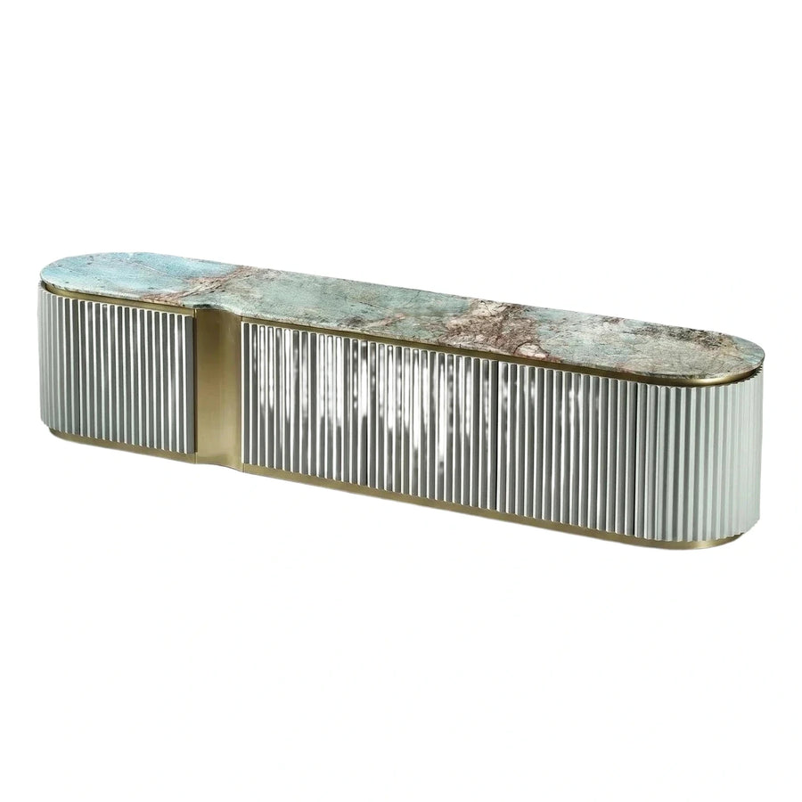 Modern Fluted Media Console with Green Marble Top