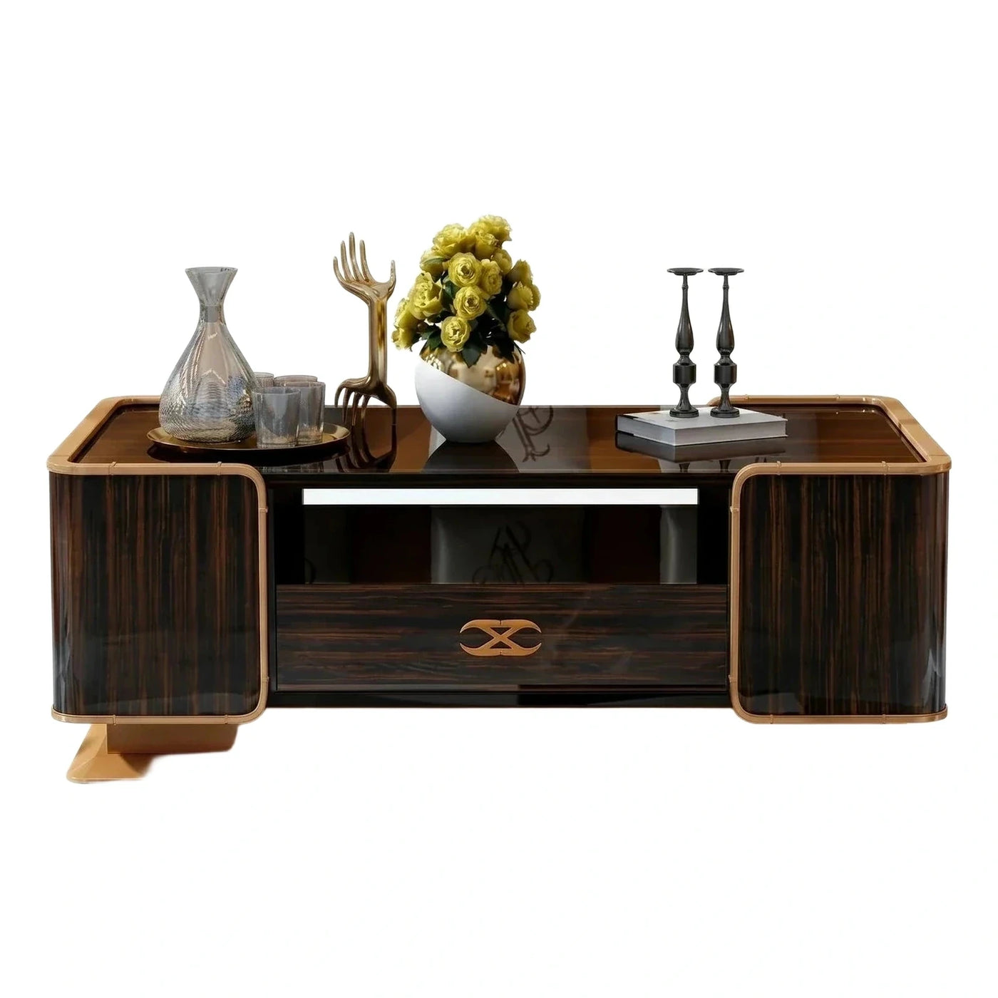 Luxury Dark Wood Media Console with Gold Frame