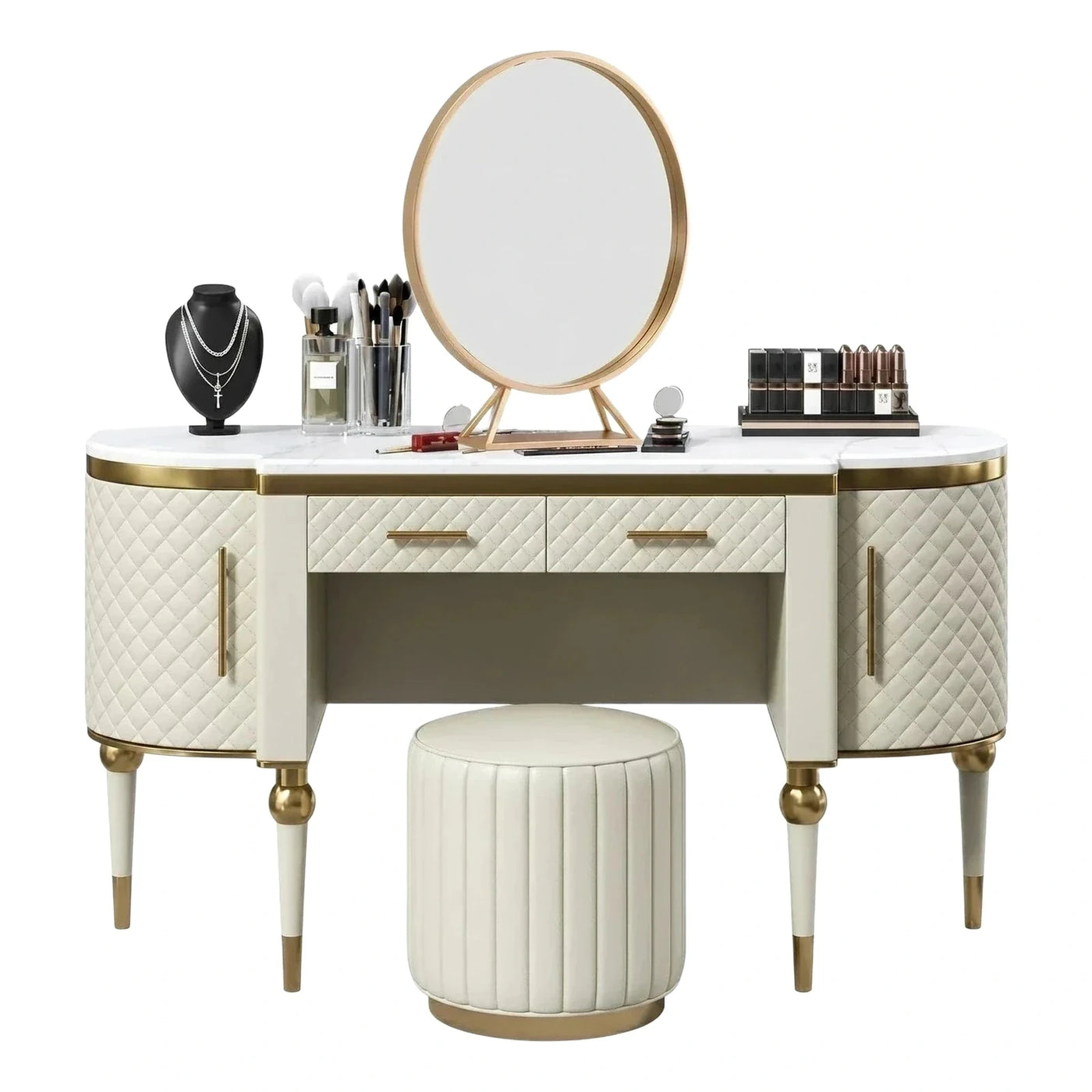 Cream Quilted Vanity Table with Oval Mirror and Stool