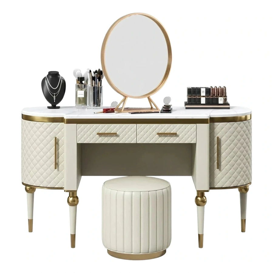 Cream Quilted Vanity Table with Oval Mirror and Stool