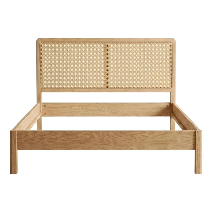 Modern Light Wood Bed Frame with Rattan Headboard
