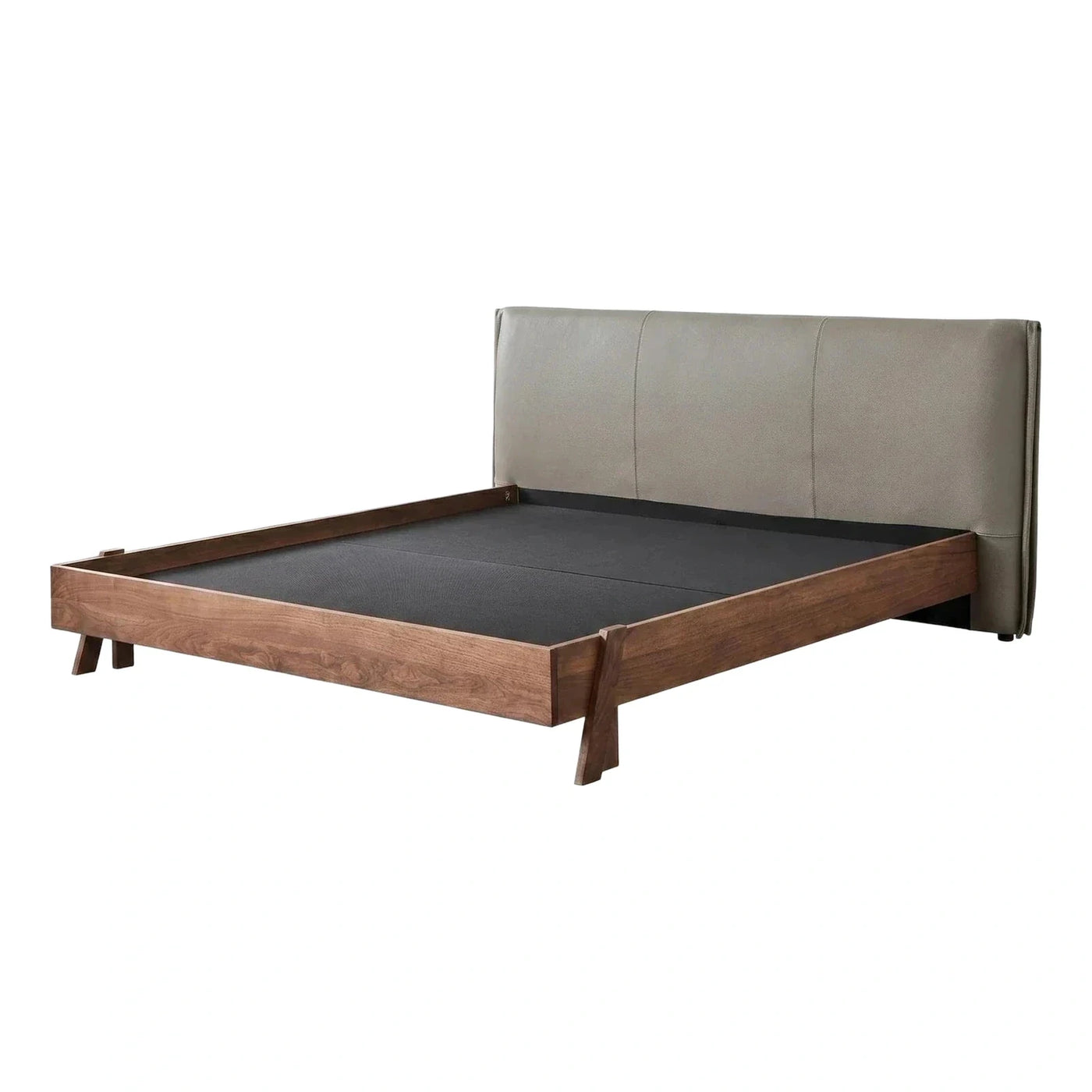Modern Walnut Wood Platform Bed with Grey Leather Headboard