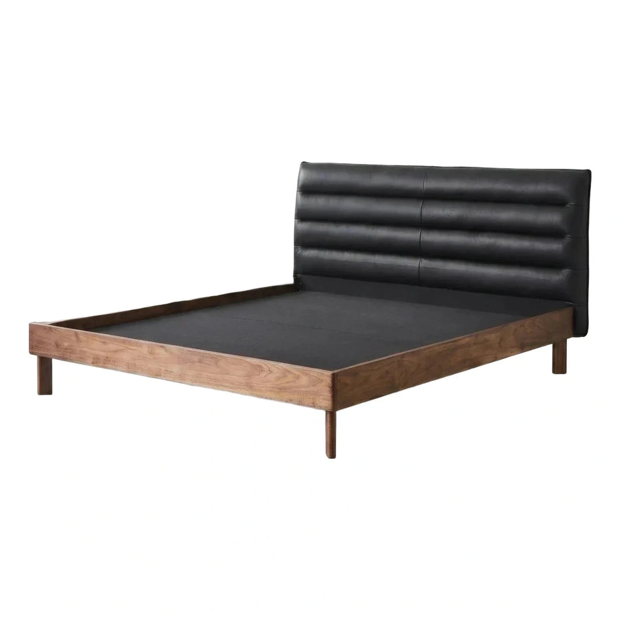 Modern Walnut Platform Bed with Black Leather Headboard