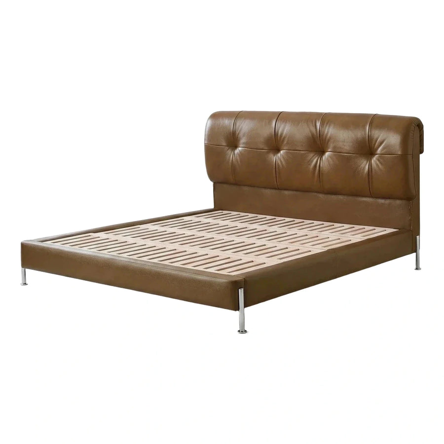 Modern Brown Leather Upholstered Platform Bed Frame