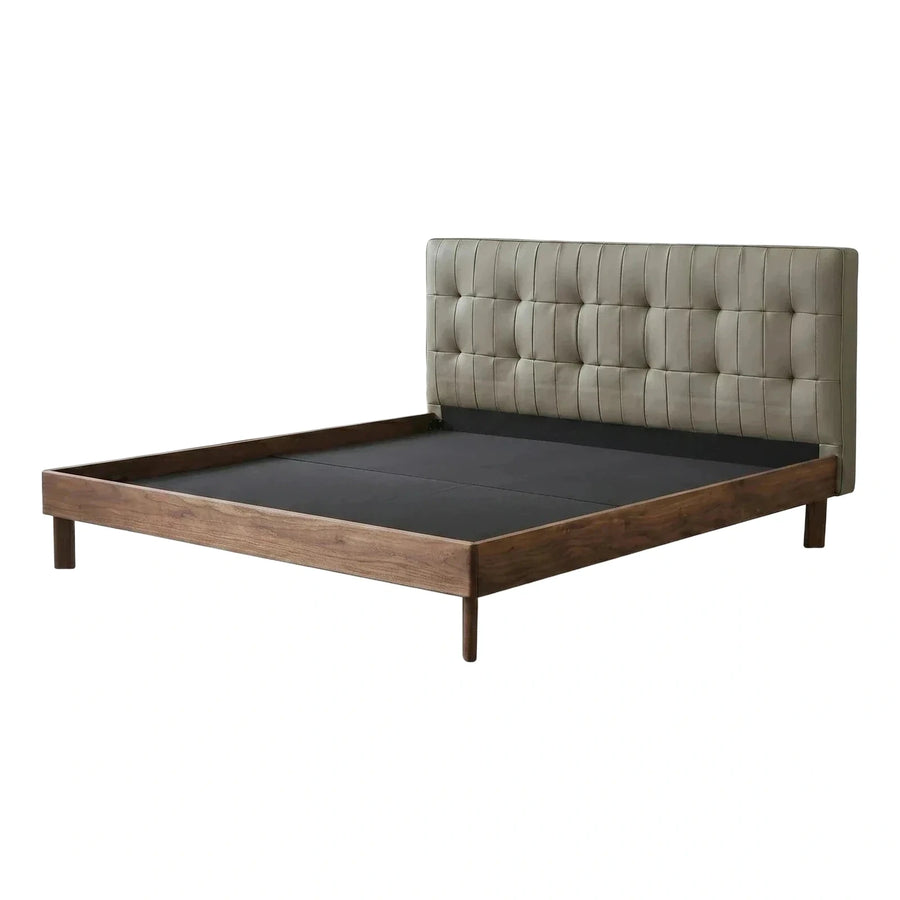 Modern Walnut Platform Bed with Tufted Grey Headboard