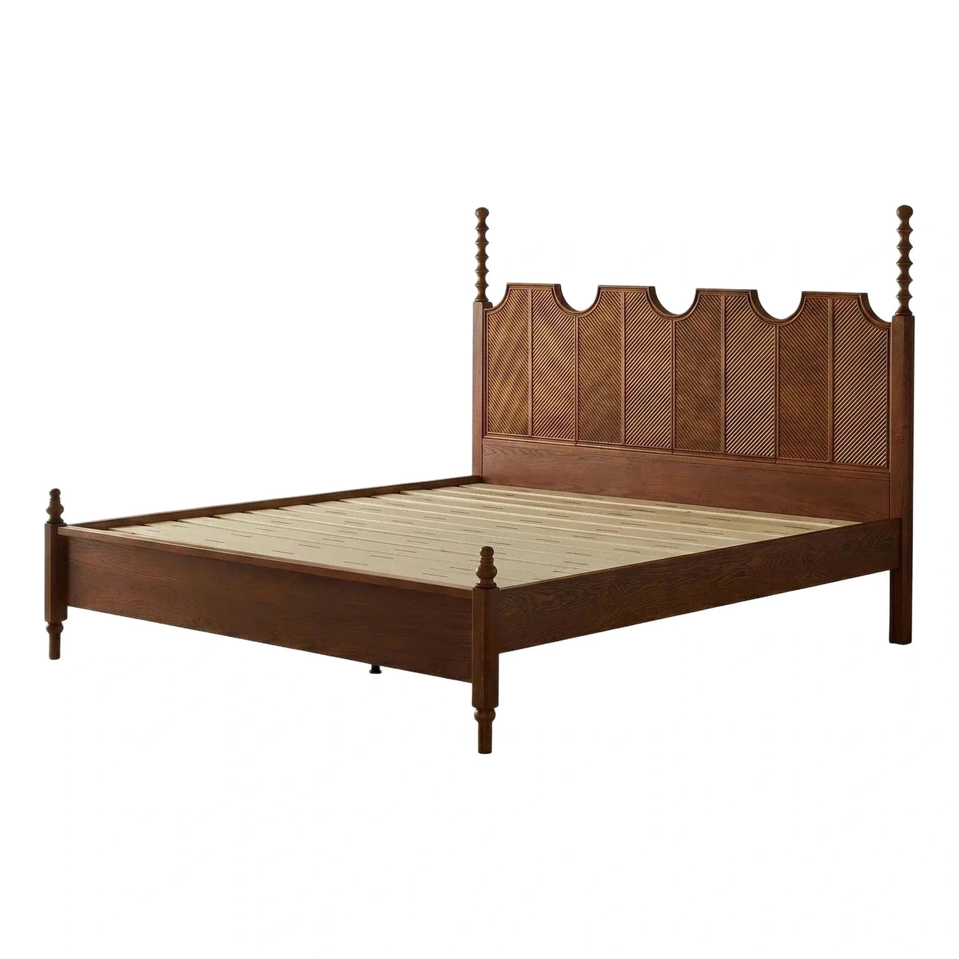 Dark Wood Bed Frame with Textured Scalloped Headboard