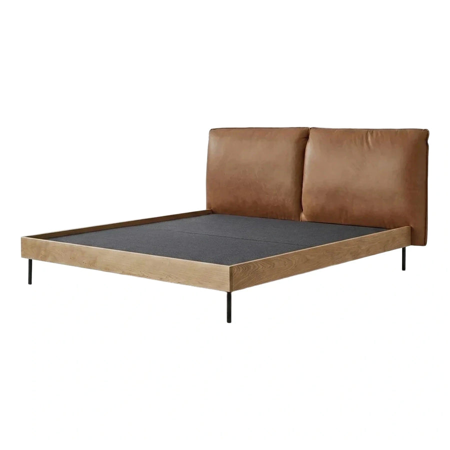 Modern Light Wood Bed Frame with Brown Leather Headboard