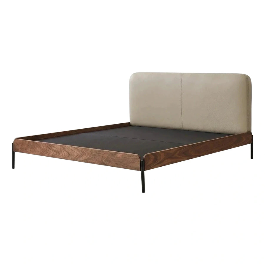 Modern Walnut Platform Bed with Beige Leather Headboard