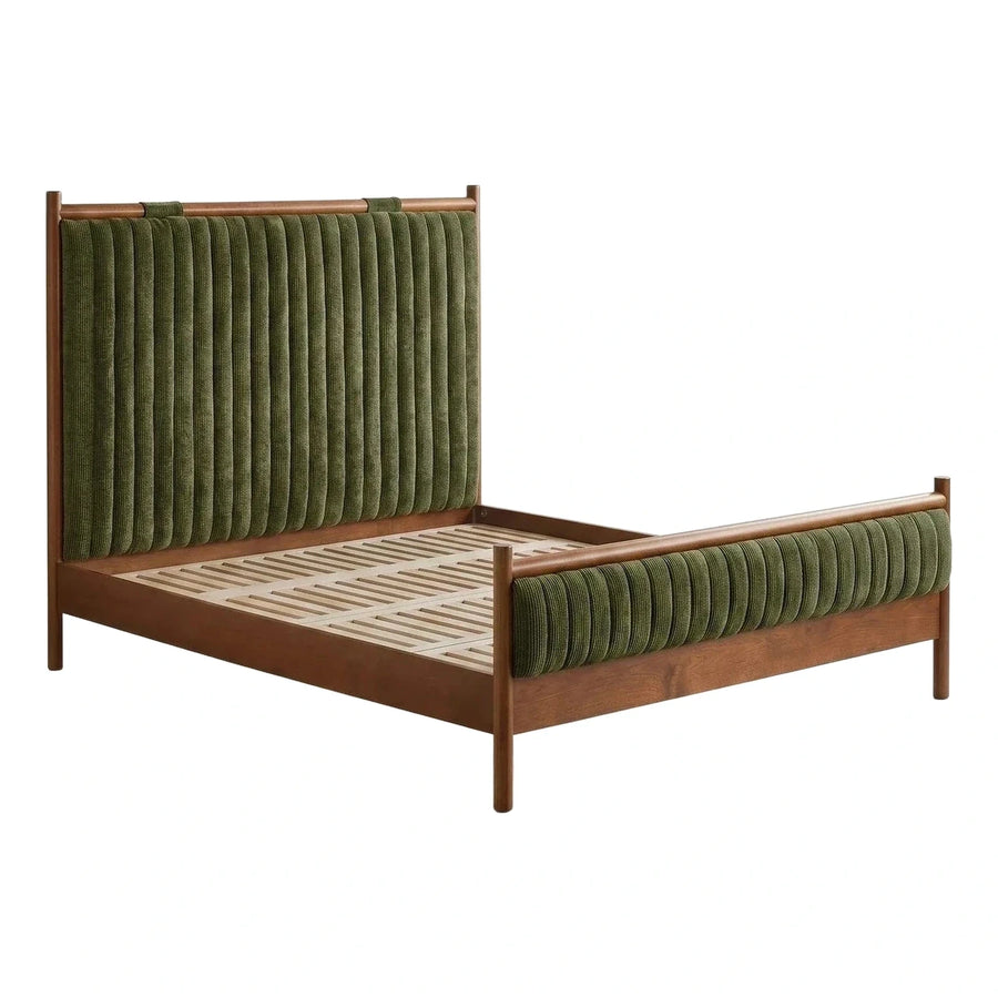 Olive Green Velvet Channel Tufted Wood Bed Frame