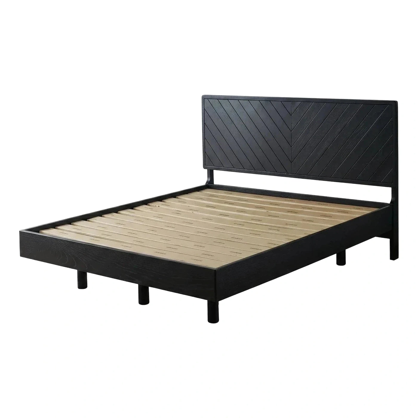 Black Wood Platform Bed with Chevron Headboard