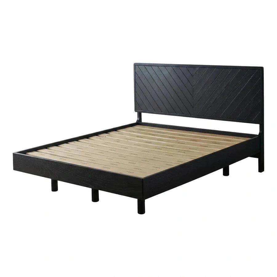 Black Wood Platform Bed with Chevron Headboard