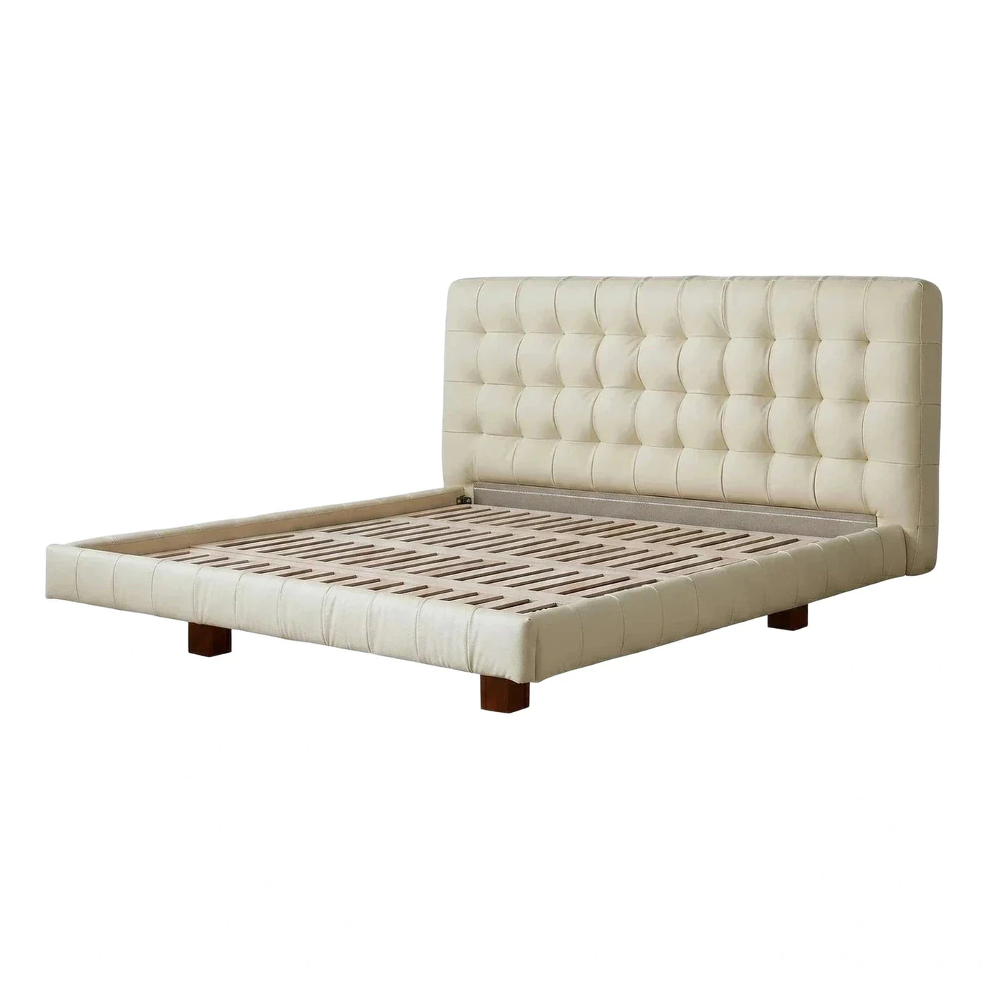 Cream Tufted Leather Platform Bed with Wooden Legs