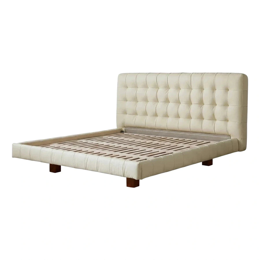 Cream Tufted Leather Platform Bed with Wooden Legs