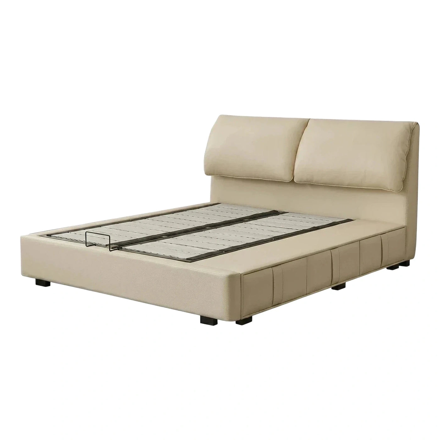 Beige Leather Platform Bed with Dual Adjustable Headrests