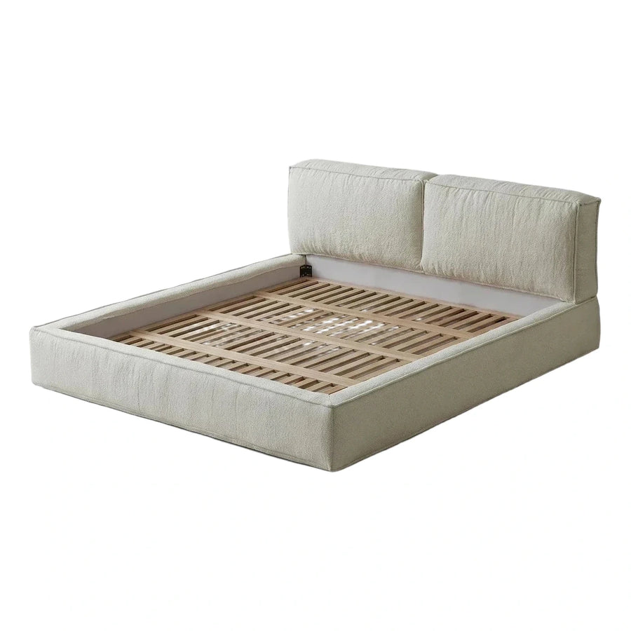 Cream Upholstered Platform Bed Frame with Wooden Slats