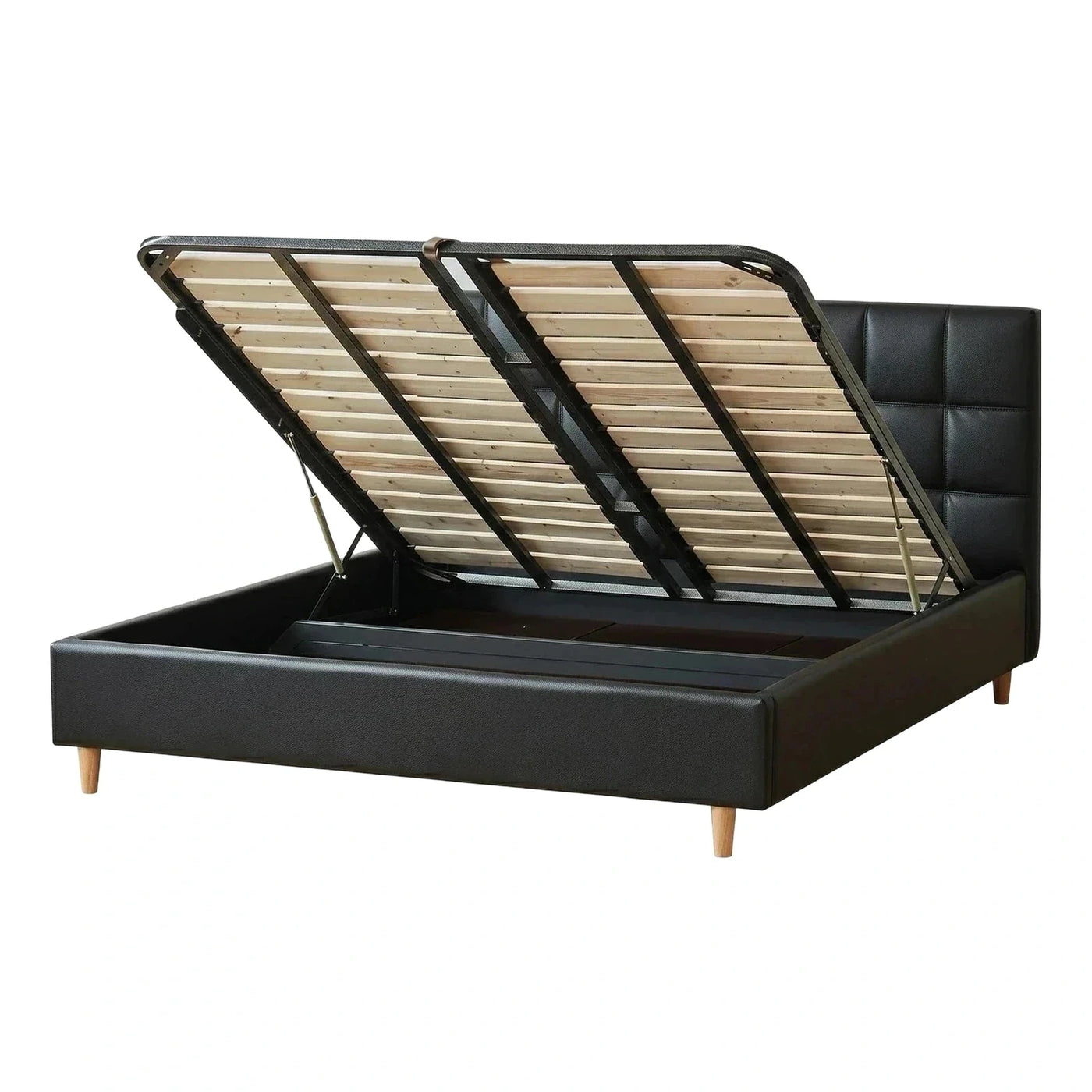 Black Leather Upholstered Lift-Up Storage Platform Bed