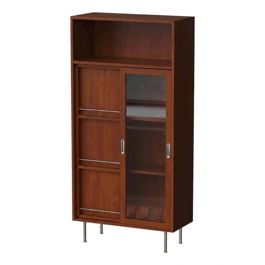 Dark Wood Sliding Door Cabinet with Glass Panel