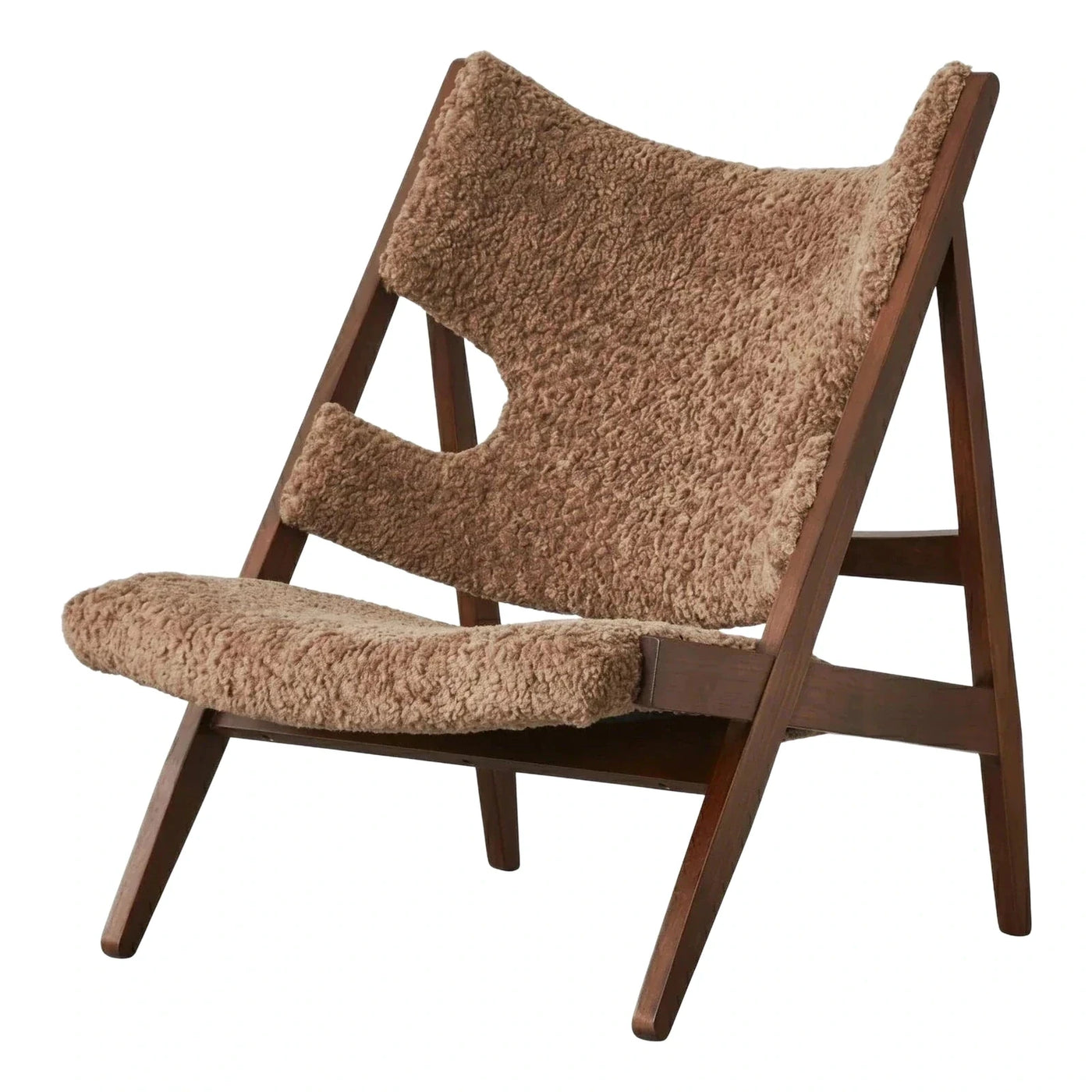 A-Frame Dark Wood Lounge Chair with Tan Boucle