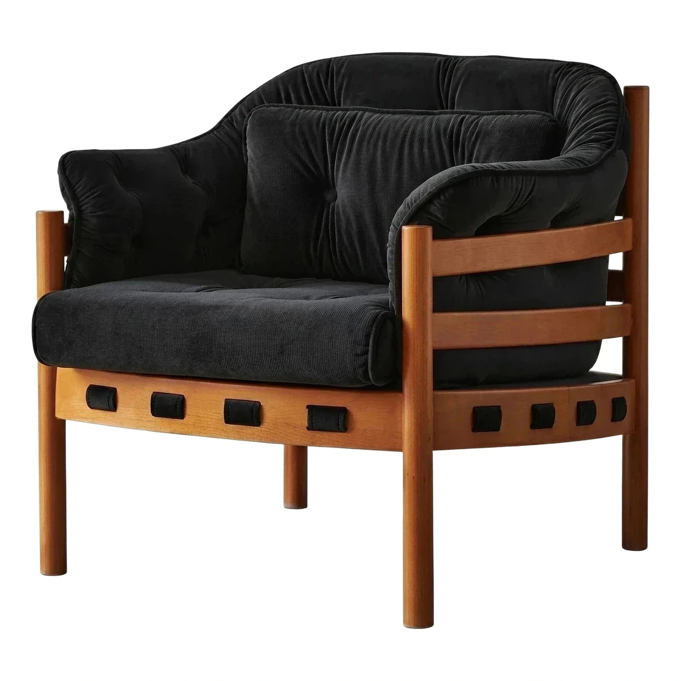 Black Corduroy Tufted Armchair with Wood Frame