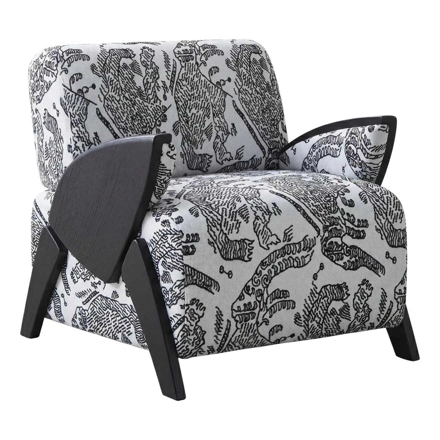 Patterned Fabric Lounge Chair with Dark Wood Frame