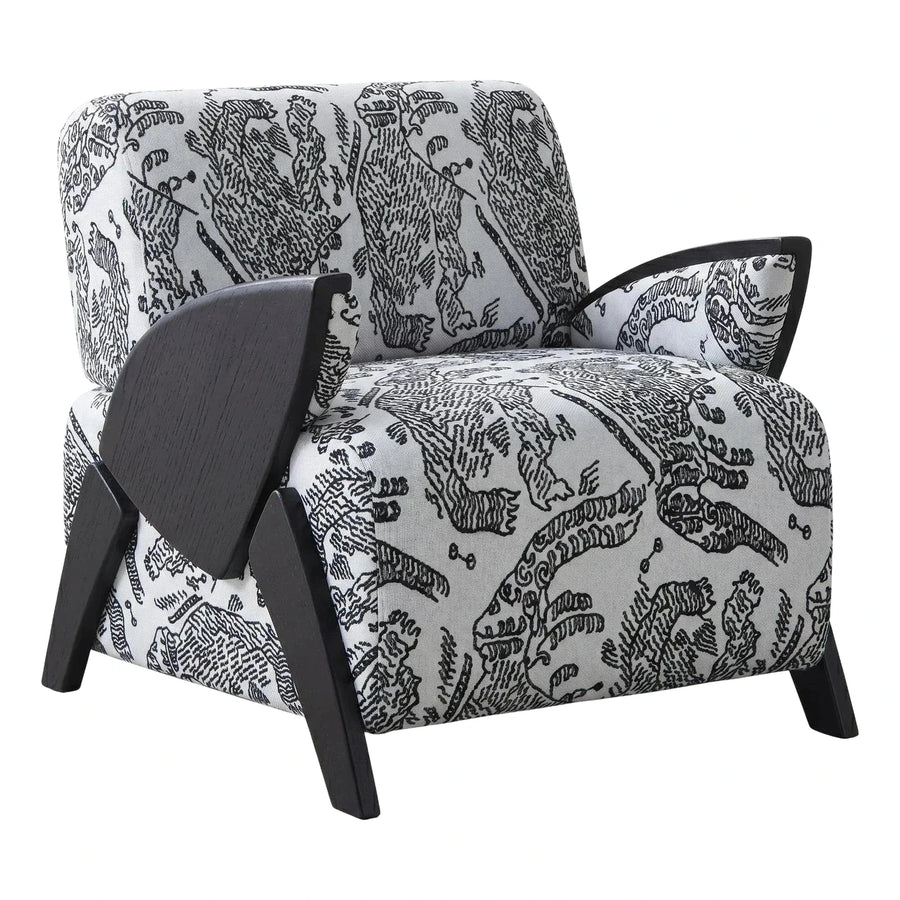 Patterned Fabric Lounge Chair with Dark Wood Frame