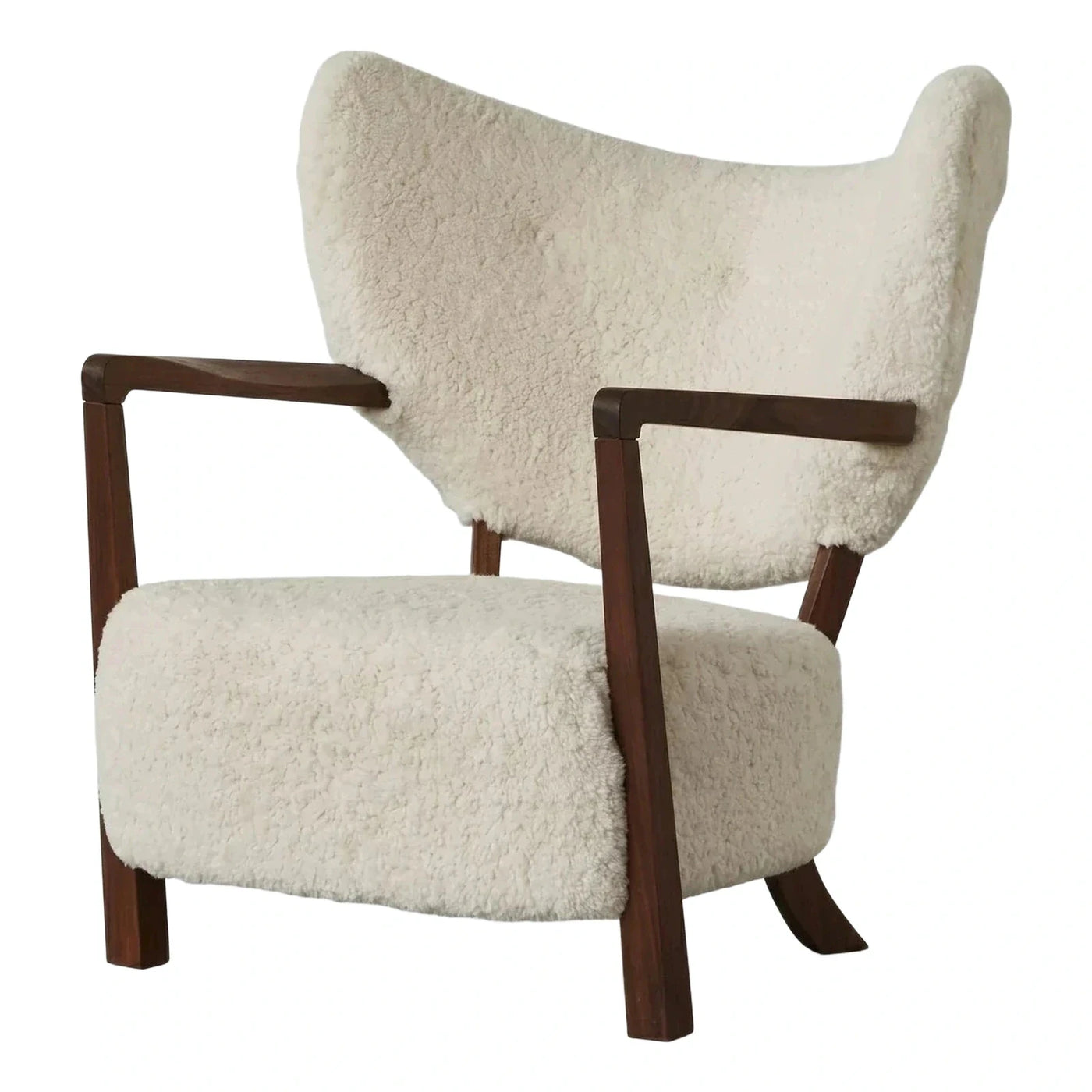 Cream Boucle Lounge Chair with Dark Wood Frame