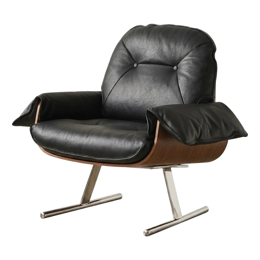 Black Leather Lounge Chair with Curved Wood Shell