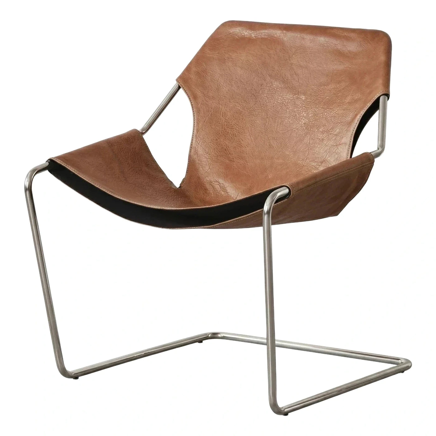 Modern Brown Leather Sling Lounge Chair with Metal Base