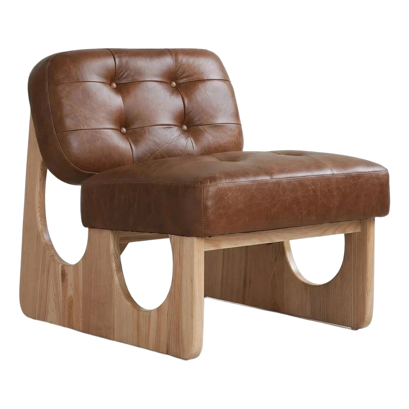 Brown Tufted Leather Lounge Chair with Wood Base