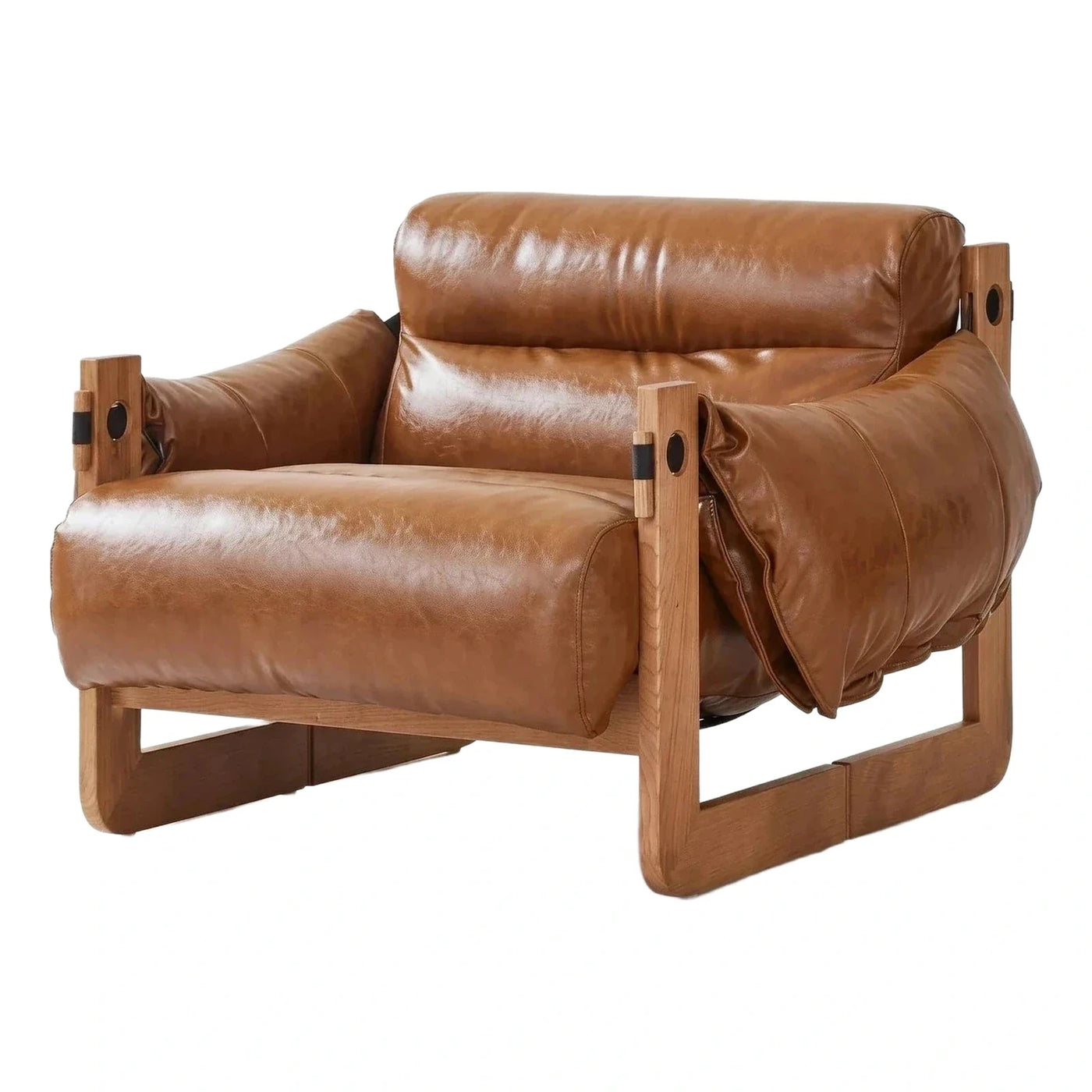 Modern Brown Leather Lounge Chair with Wooden Frame