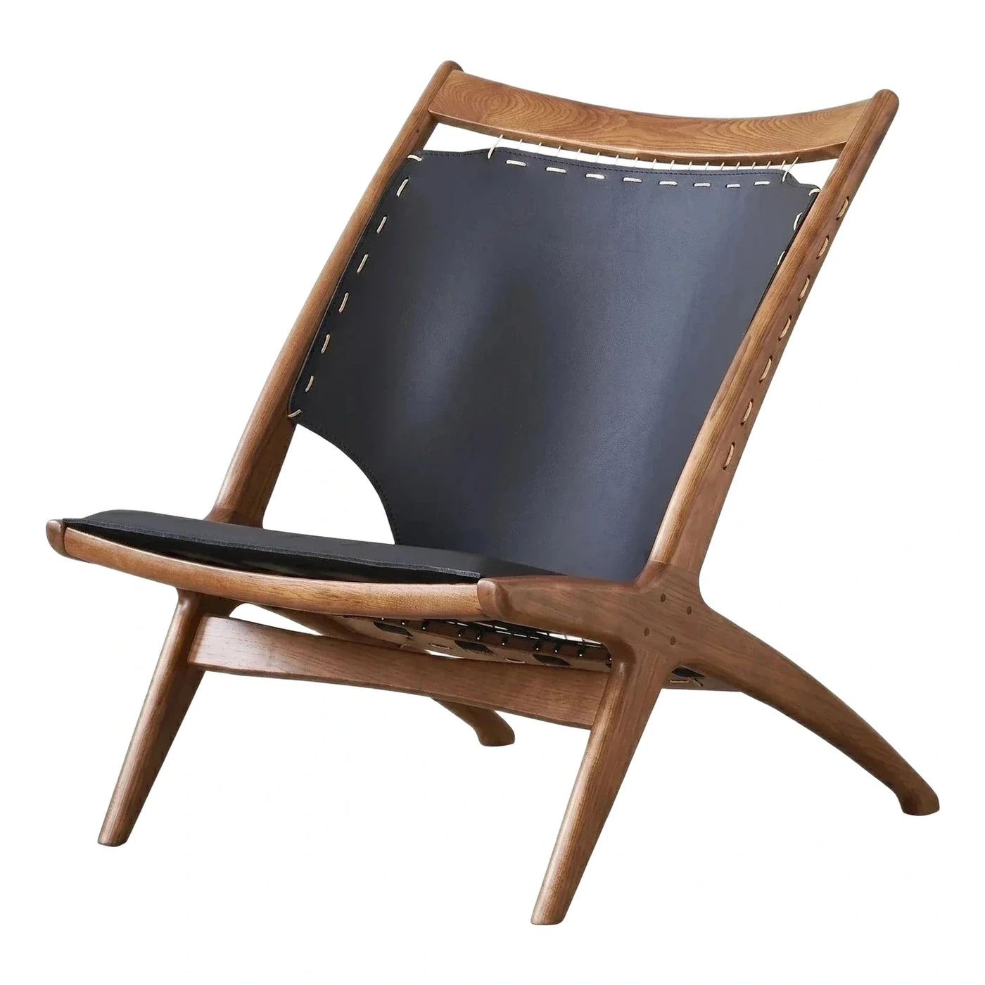 Wood Frame Lounge Chair with Black Leather Sling