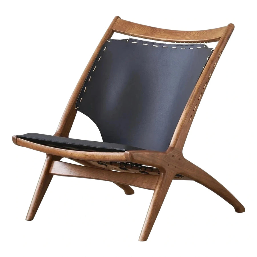 Wood Frame Lounge Chair with Black Leather Sling