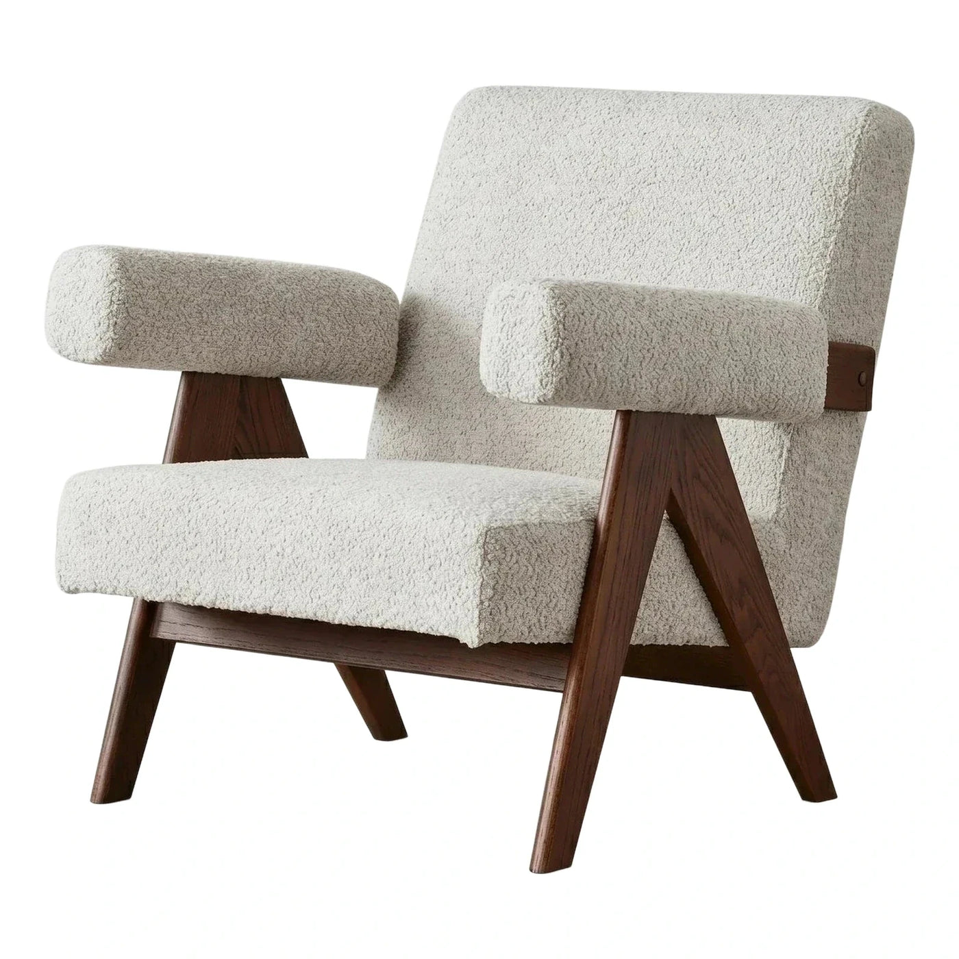 Cream Boucle Armchair with Dark Wood Frame