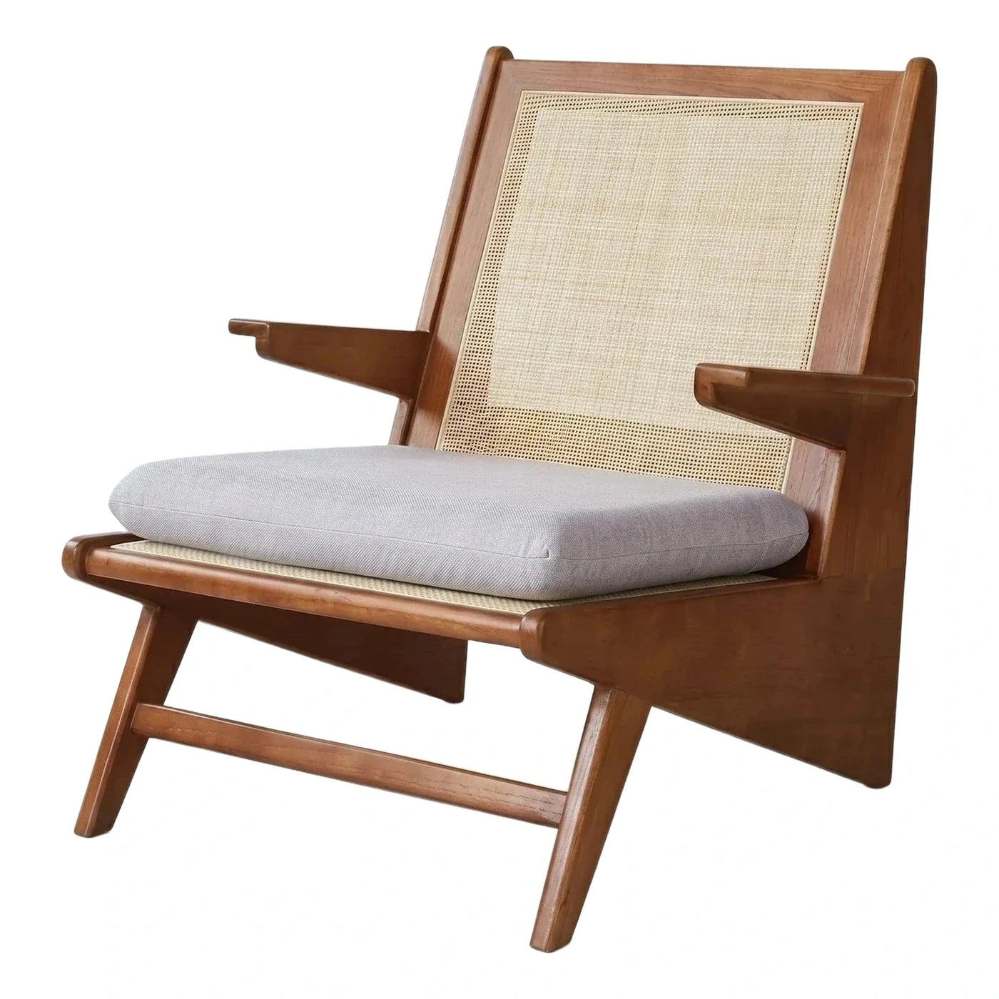 Angular Wood Frame Cane Lounge Chair Grey Cushion