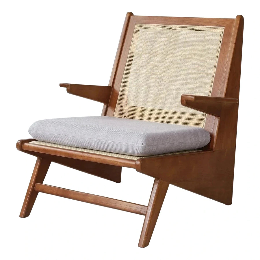 Angular Wood Frame Cane Lounge Chair Grey Cushion