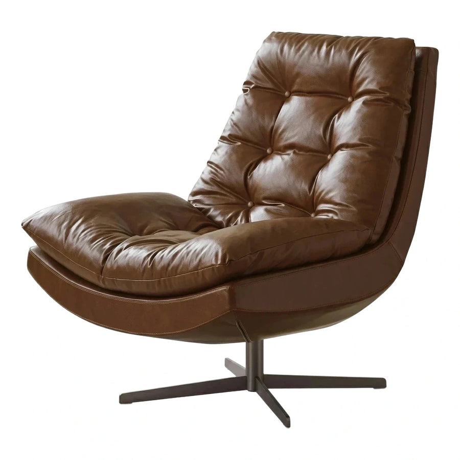 Brown Leather Swivel Lounge Chair with Tufted Back