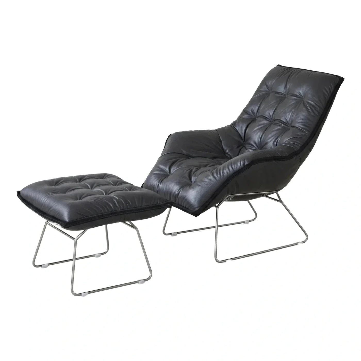 Black Leather Lounge Chair and Ottoman with Metal Frame