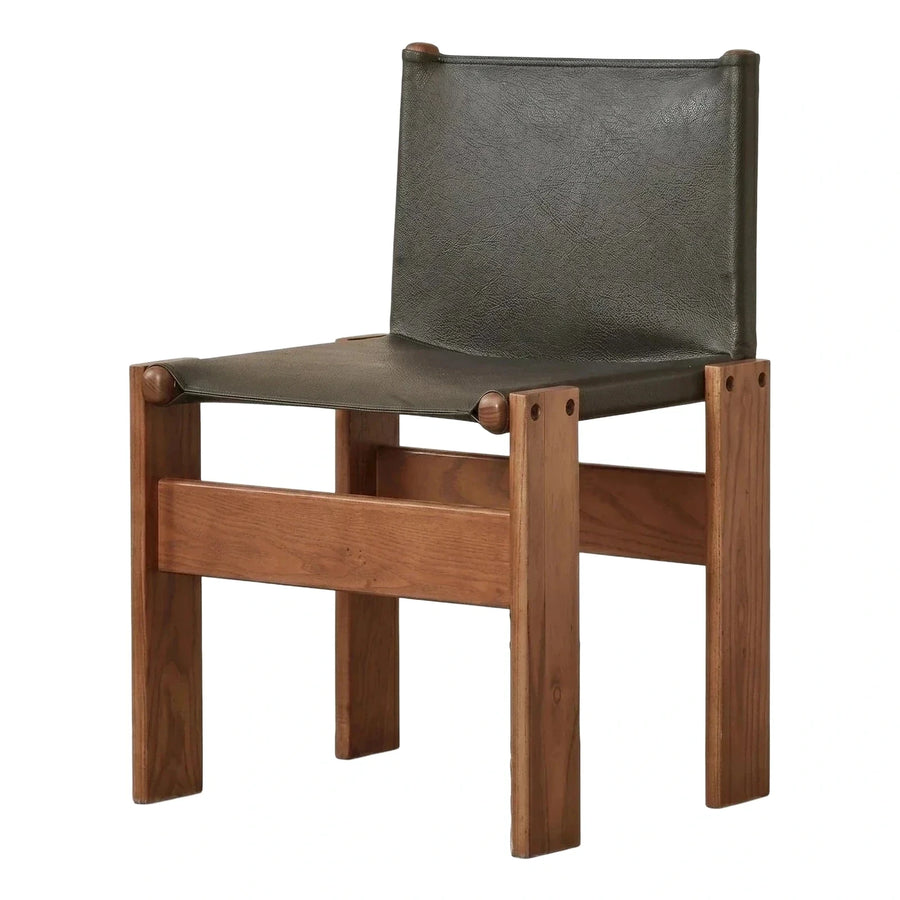 Solid Wood Frame Dark Leather Sling Lounge Chair