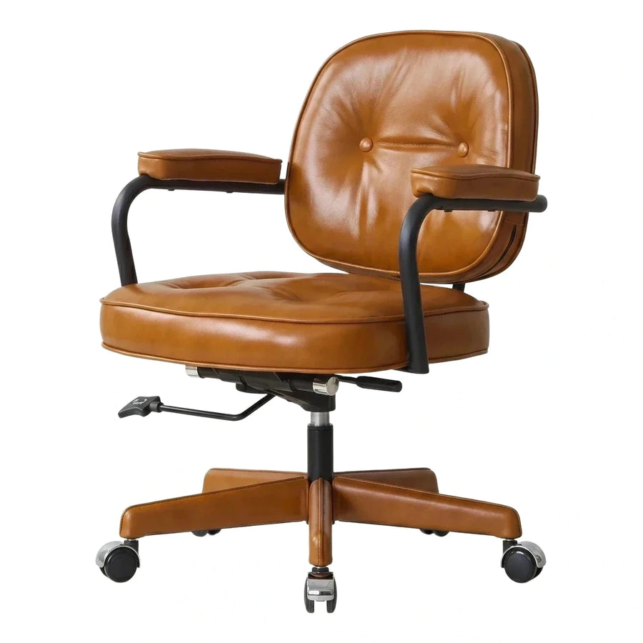 Brown Leather Swivel Office Chair with Armrests