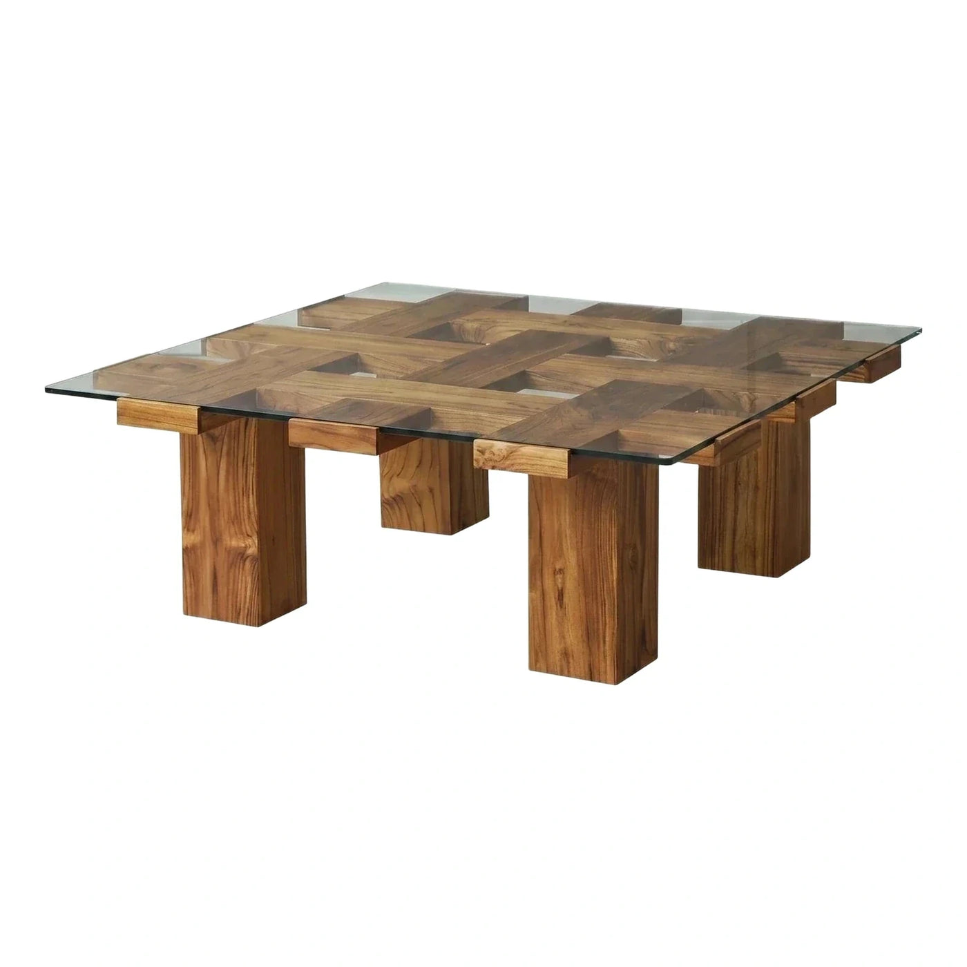 Modern Rectangular Glass Top Wood Lattice Coffee Table