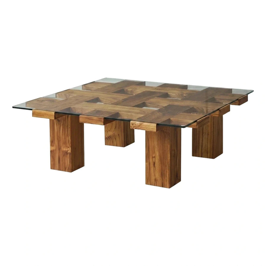 Modern Rectangular Glass Top Wood Lattice Coffee Table