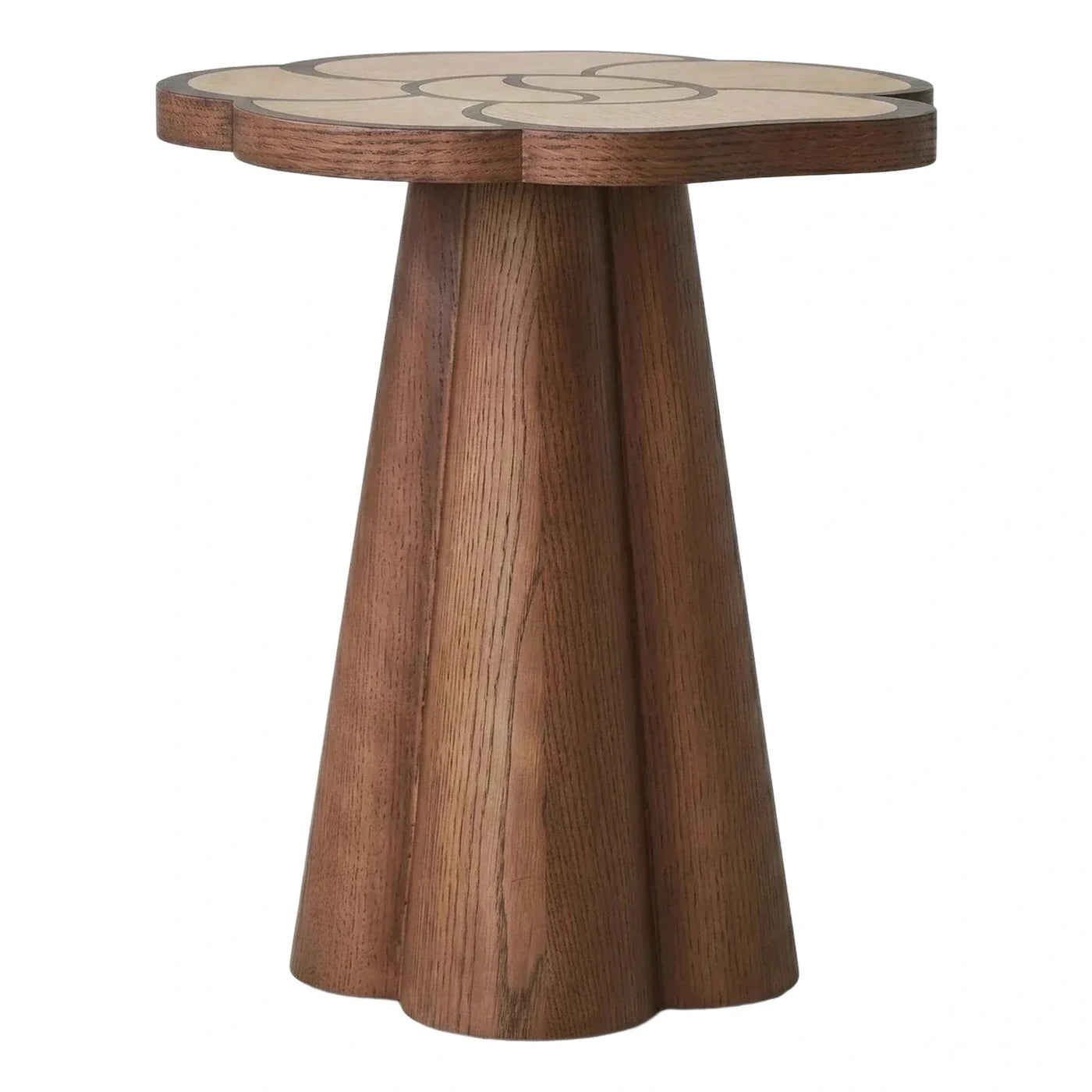 Scalloped Wood Side Table with Floral Inlay Top