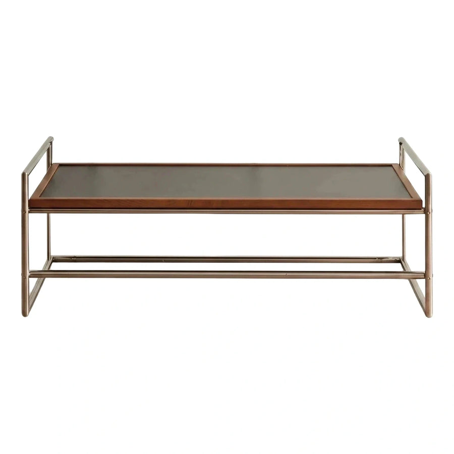 Modern Bronze Metal Coffee Table with Wood Tray Top