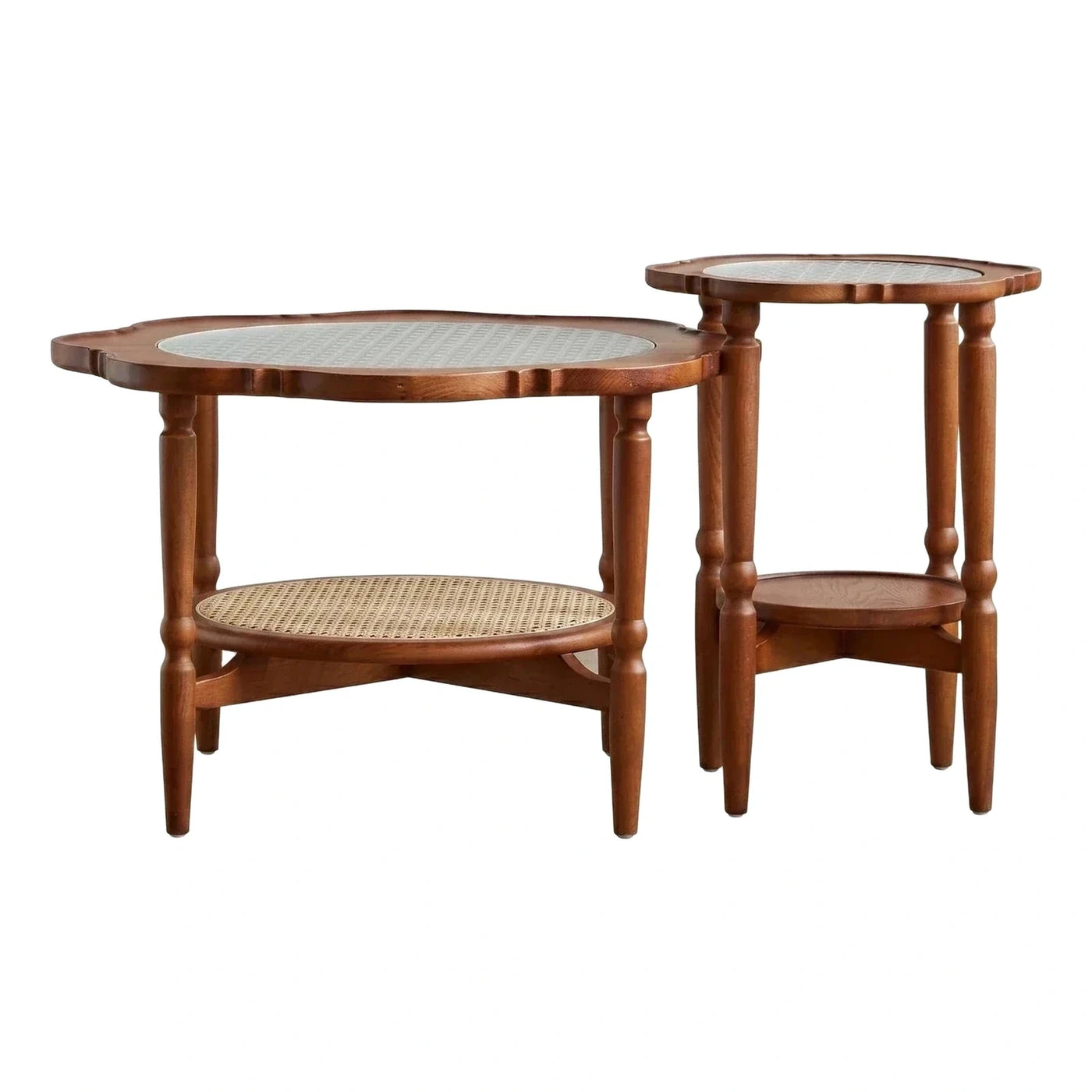 Scalloped Wood Nesting Tables with Glass and Rattan