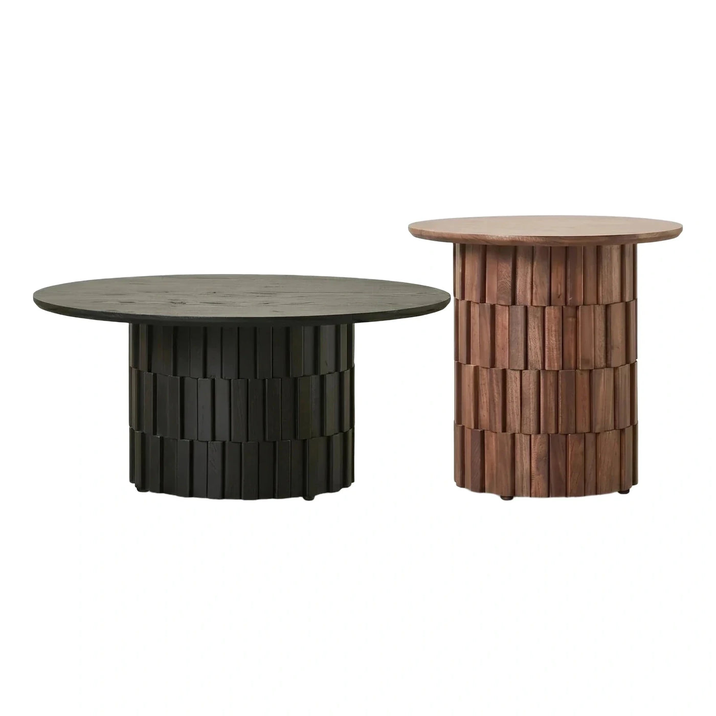 Fluted Wood Round Coffee and Side Table Set