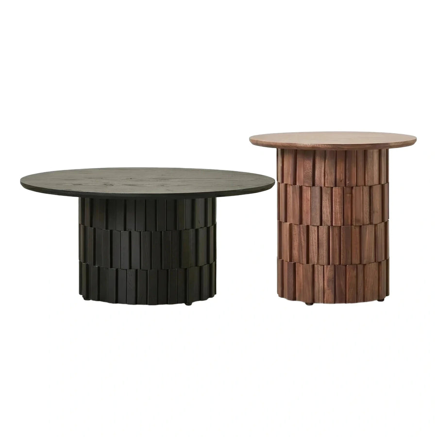 Fluted Wood Round Coffee and Side Table Set