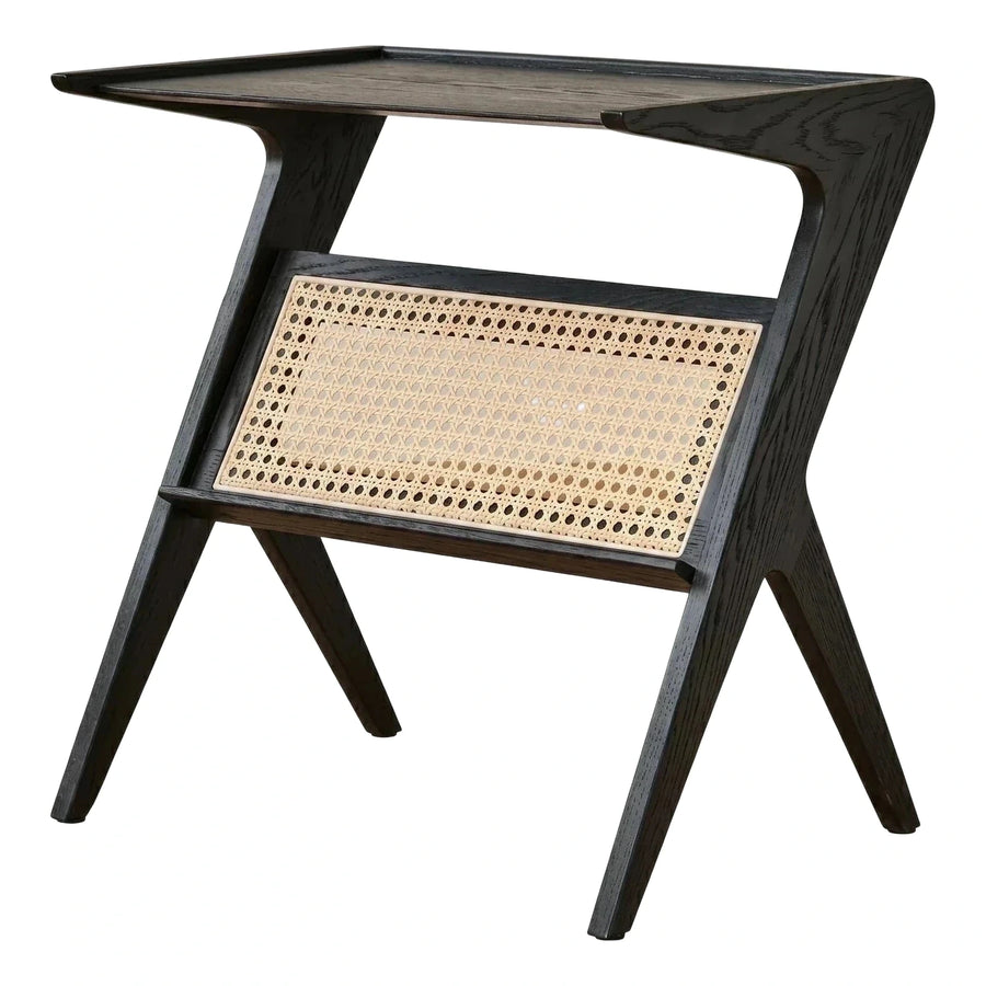 Modern Black Wood Side Table with Cane Shelf