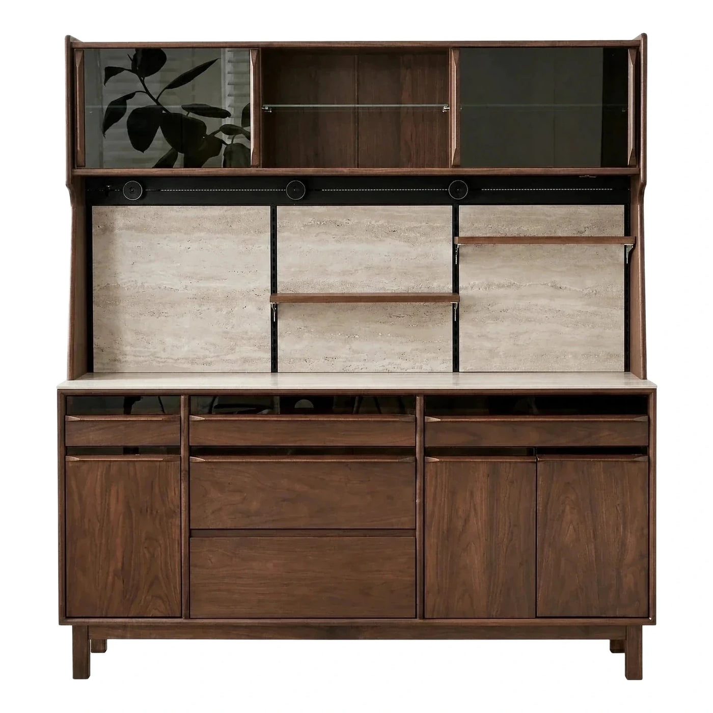 Modern Walnut Display Cabinet with Stone Backsplash
