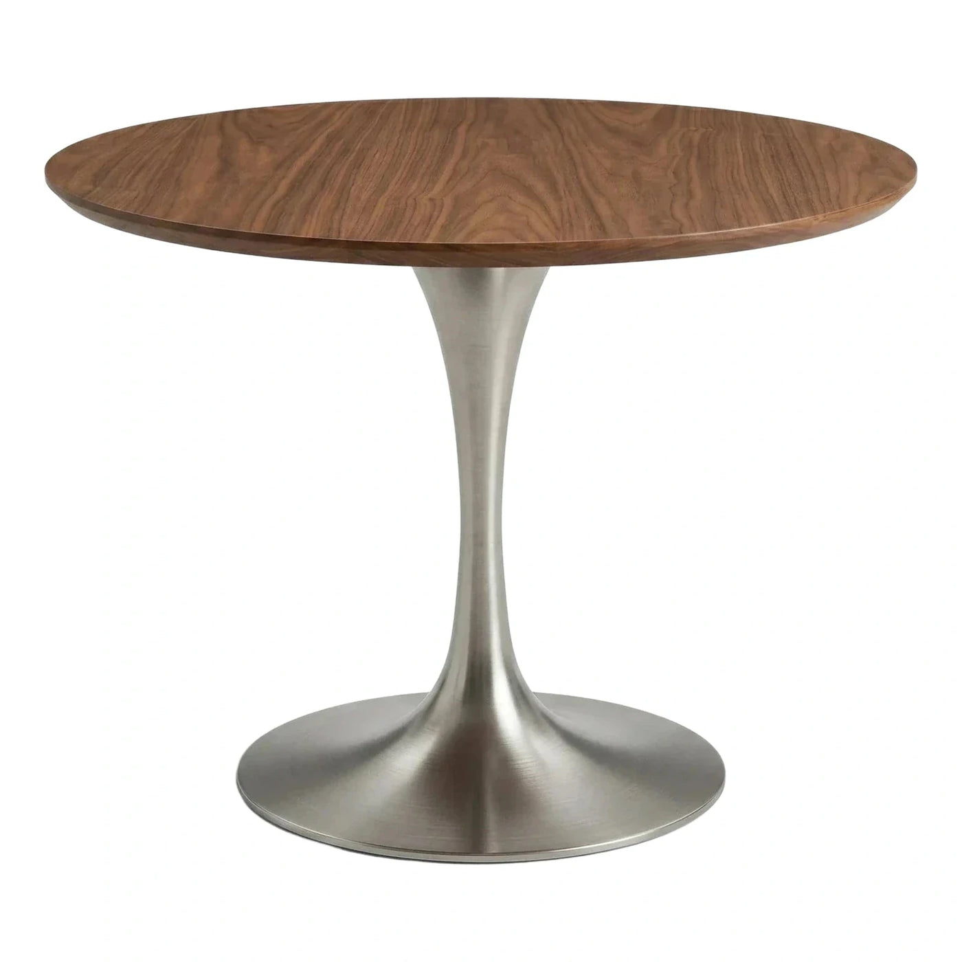 Round Walnut Wood Top Brushed Metal Pedestal Table